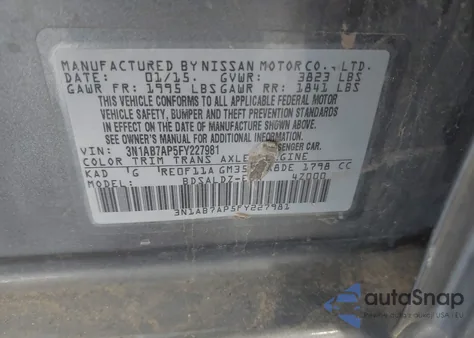 2015 Nissan Sentra Fe+ S/S/Sl/Sr/Sv from USA, damaged, VIN 3N1AB7AP5FY227981